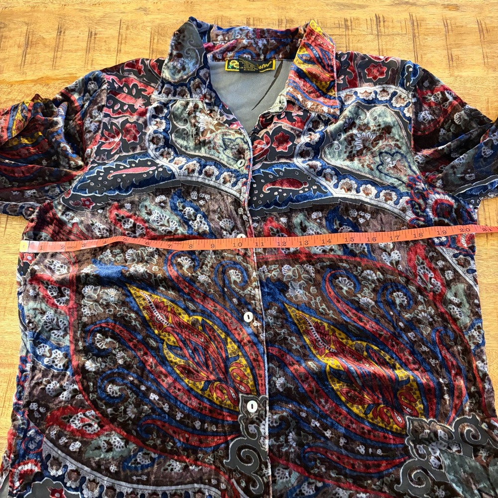 Vintage Silk Blend Velvet Burnout Button Up Shirt M Y2K Paisley Whimsigoth Sheer - Picture 10 of 11